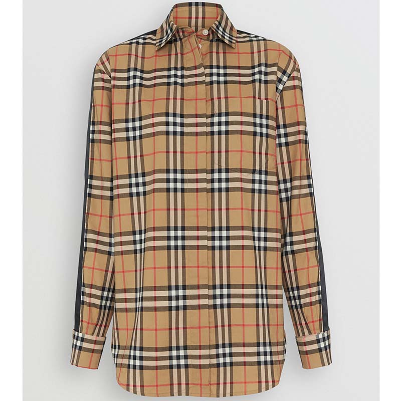 Front view of Burberry Women Satin Stripe Vintage Check Shirt-Brown