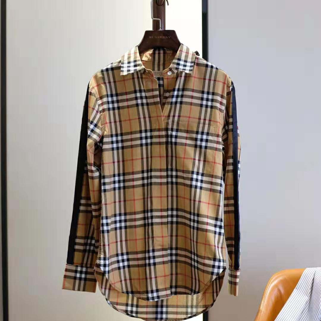 Side angle showing relaxed fit of Burberry Women Satin Stripe Vintage Check Shirt-Brown