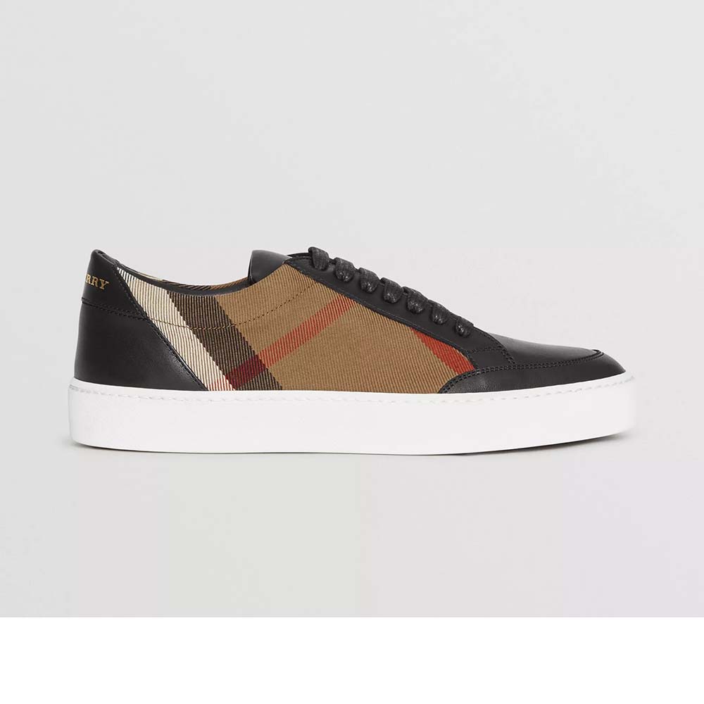 Side view of Burberry Women Shoes Check Detail Leather Sneakers-Black highlighting check detail