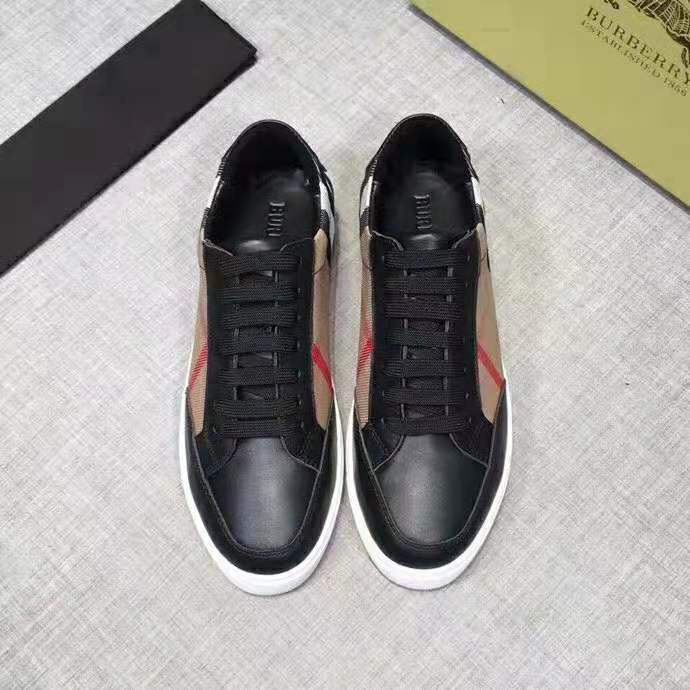 Top-down angle showcasing interior lining of Burberry Women Shoes Check Detail Leather Sneakers-Black