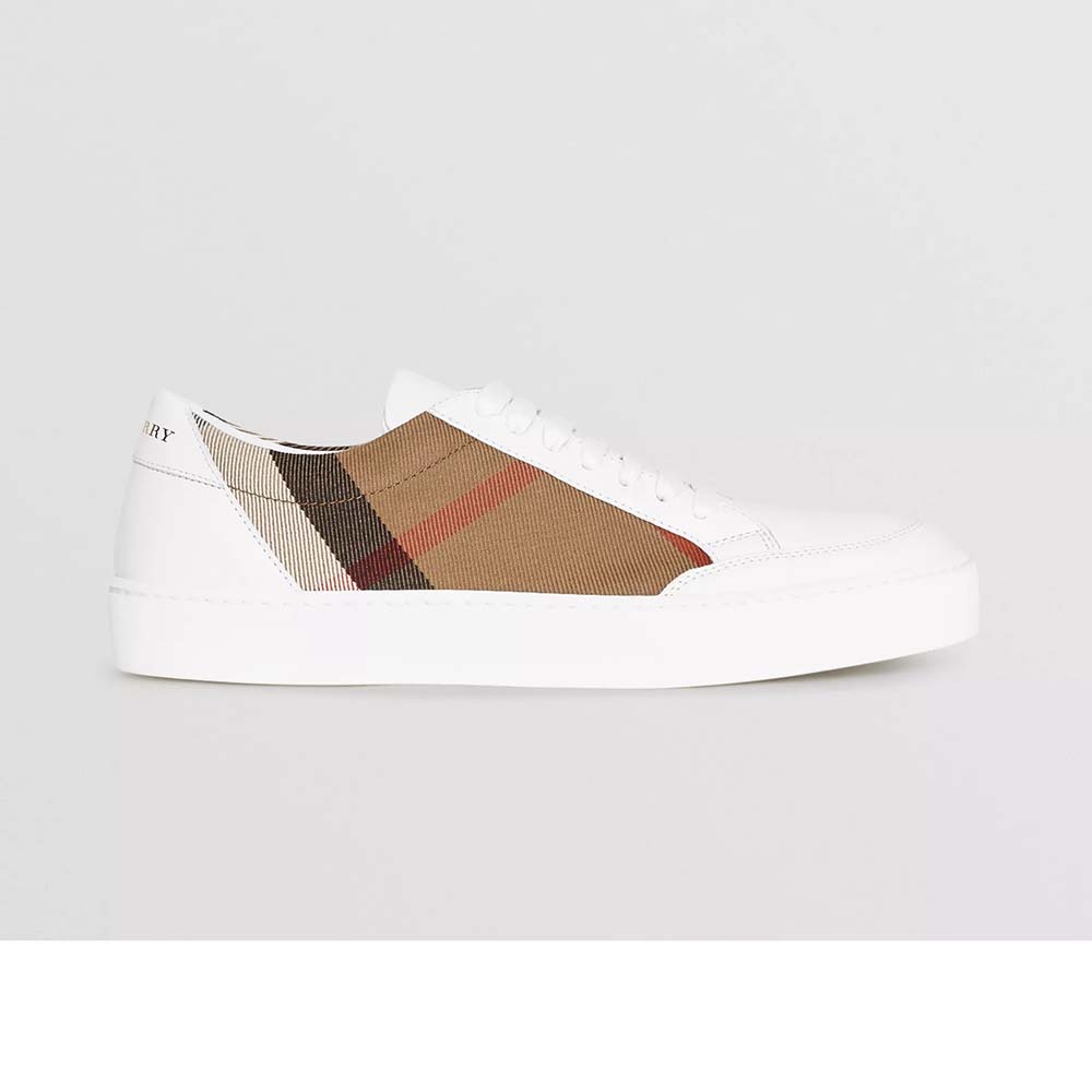 Side view of Burberry Women Shoes Check Detail Leather Sneakers-White showing check panel
