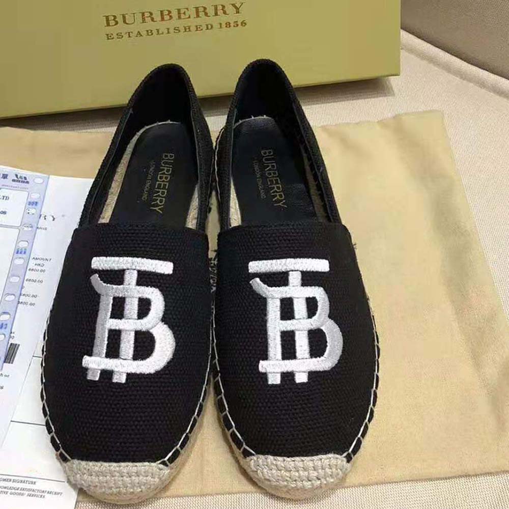 Top-down angle showing slip-on design of Burberry black espadrilles