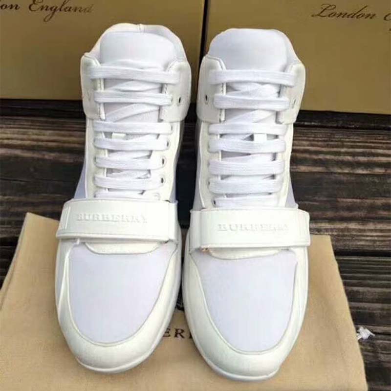 Top-down look at laces and signature design of Burberry Women High-top Sneakers