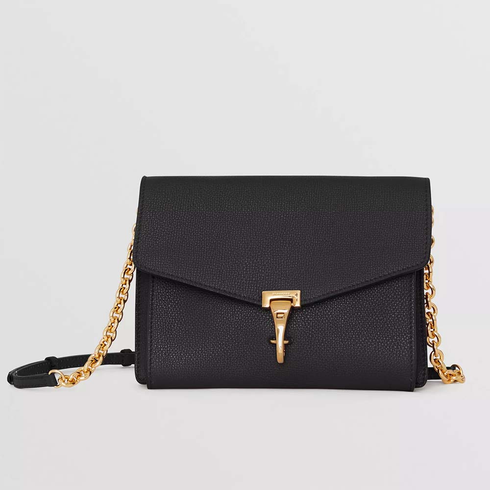 Front view of Burberry Women Small Leather Crossbody Bag-Black with gold hardware