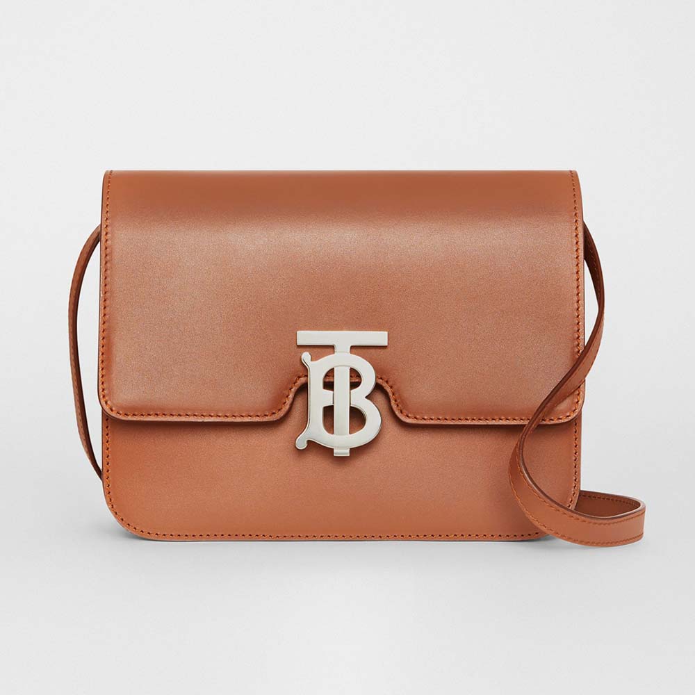 Front view of Burberry Women Small Leather TB Bag-Brown with gold TB clasp