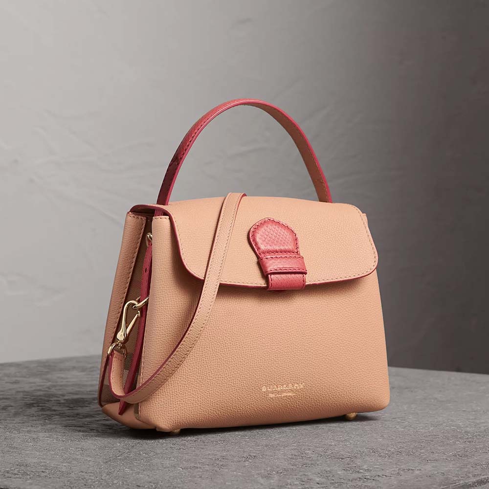 Front view of Burberry Women Small Two-Tone Leather House Check Tote-Pink
