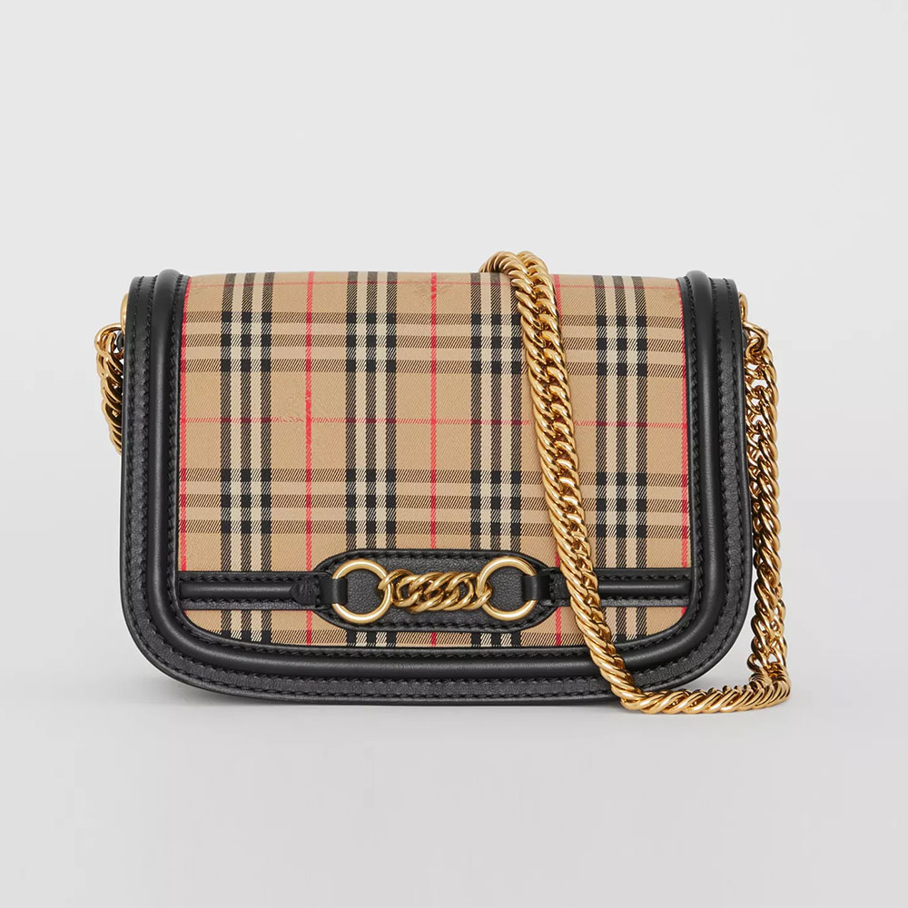 Front view of Burberry Women The 1983 Check Link Bag Leather Trim-Black