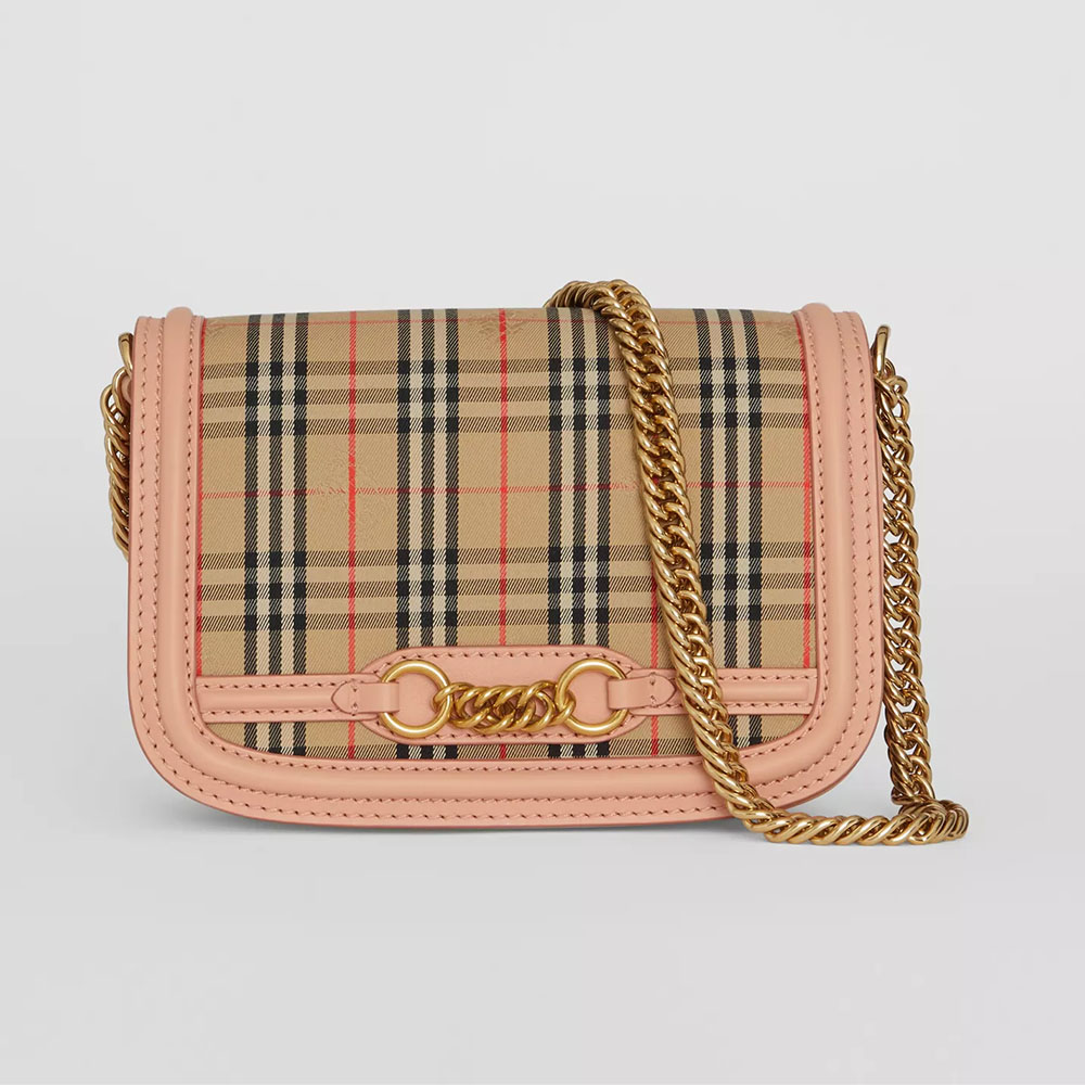 Front view of Burberry Women The 1983 Check Link Bag Leather Trim-Pink