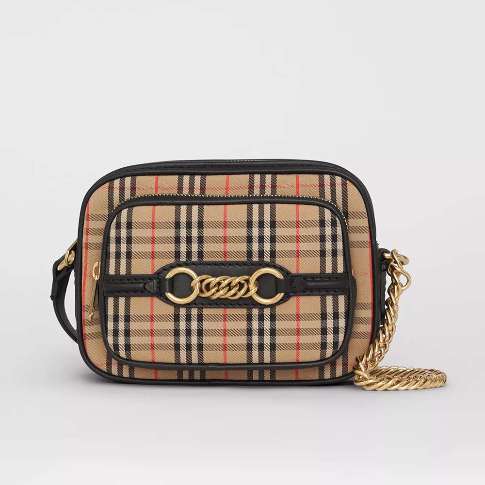 Front view of Burberry Women The 1983 Check Link Camera Bag-Black with clasp