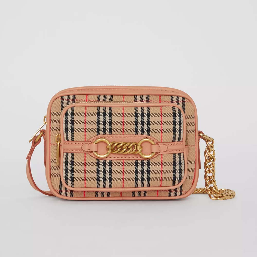 Front angle view of Burberry Women The 1983 Check Link Camera Bag-Pink