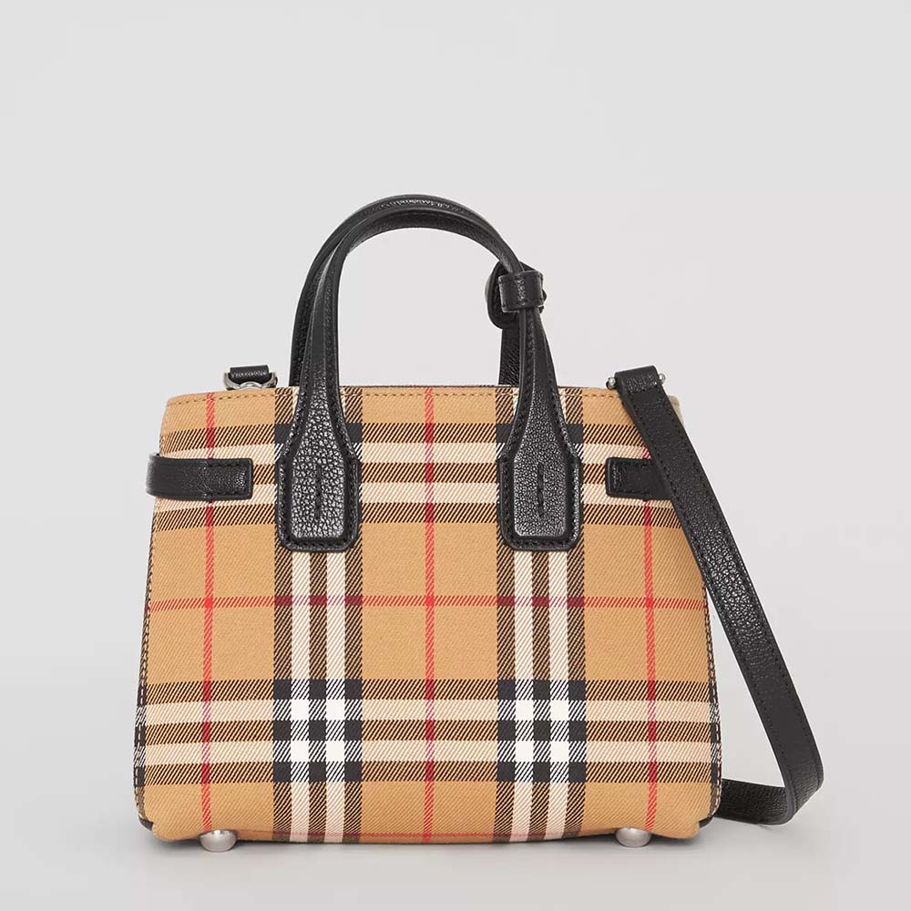 Front angle of Burberry Women The Baby Banner in Vintage Check Leather-Brown