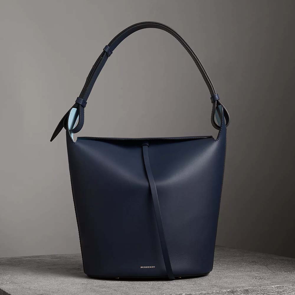 Front view of Burberry Women The Large Leather Bucket Bag-Navy