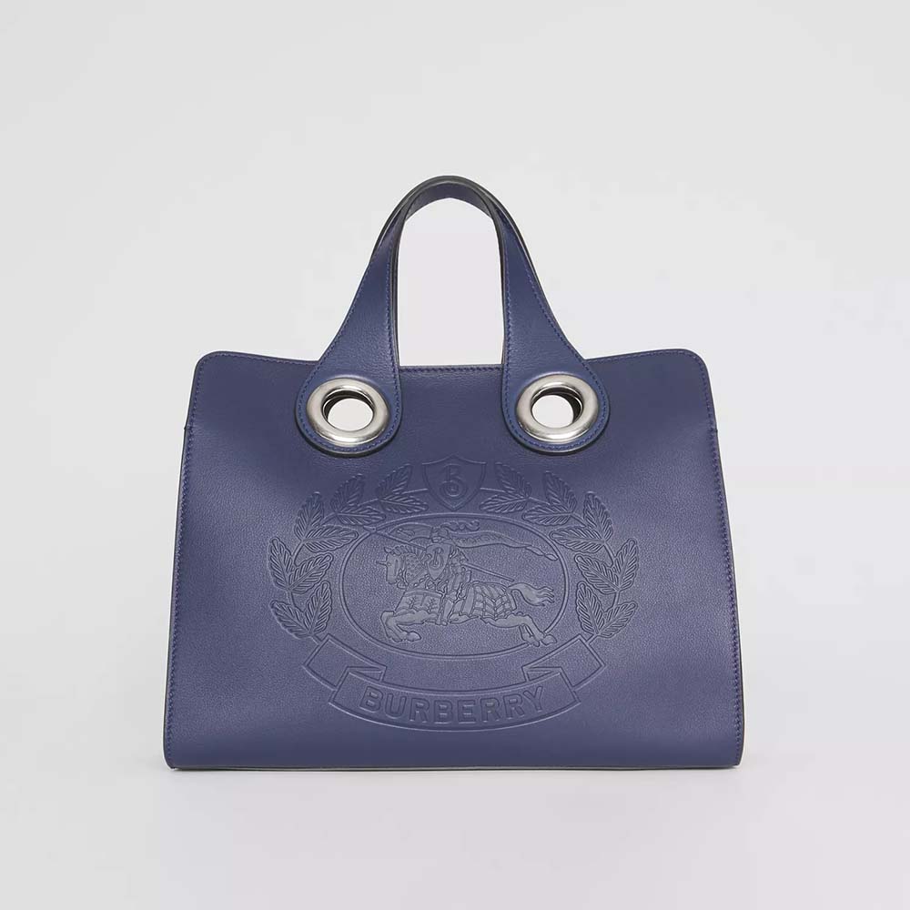 Front view of Burberry Women The Leather Crest Grommet Detail Tote-Blue
