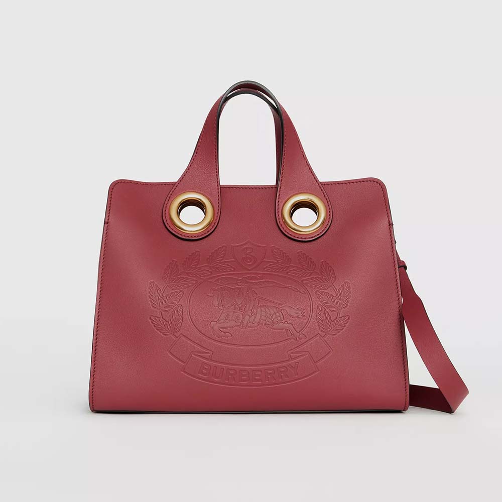 Front view of Burberry Women The Leather Crest Grommet Detail Tote-Red