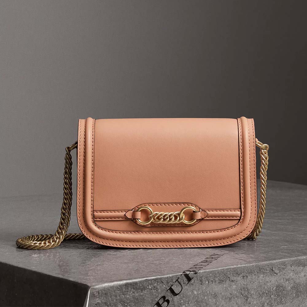 Close-up of pink leather and silver chain-link hardware on Burberry bag