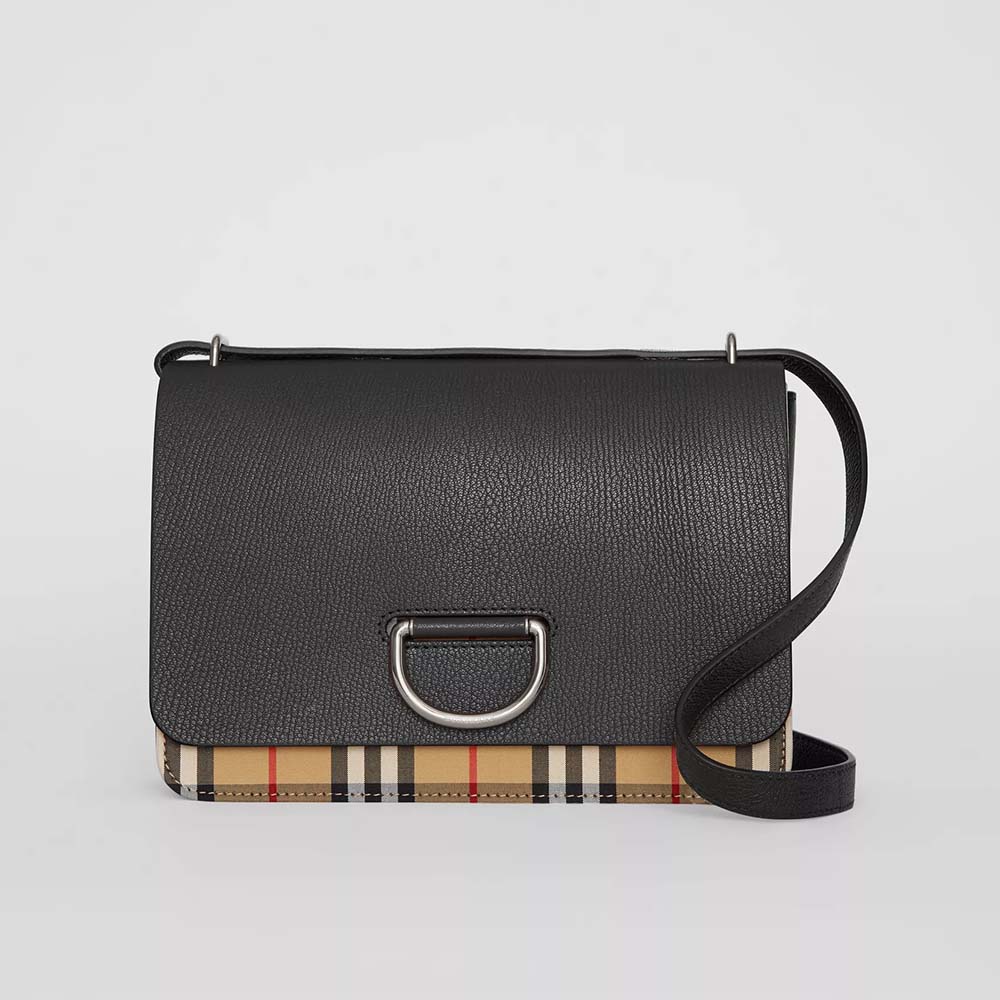 Front view of Burberry Women The Medium Vintage Check Leather D-Ring Bag-Black