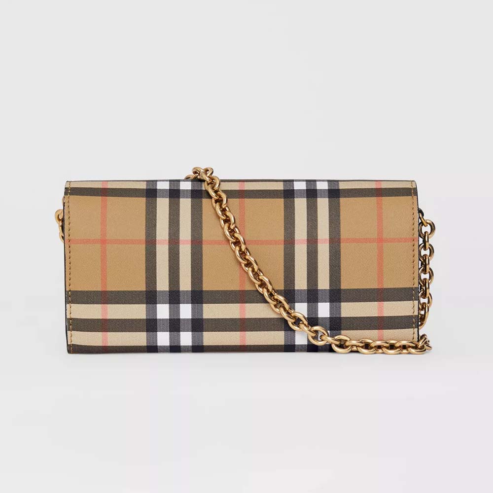 Front view of Burberry Women Vintage Check and Leather Wallet with Chain