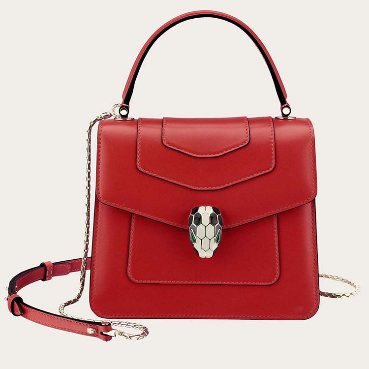 Front view of Bvlgari Serpenti Forever Medium Flap Cover Handle Bag Calfskin-Red