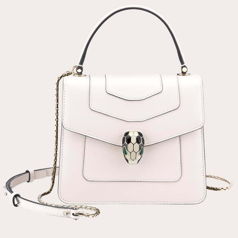 Front view of Bvlgari Serpenti Forever Medium Flap Cover Handle Bag Calfskin-White