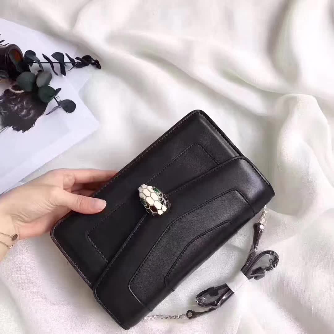 Side angle showing chain strap and calfskin texture on Bvlgari Serpenti Forever bag