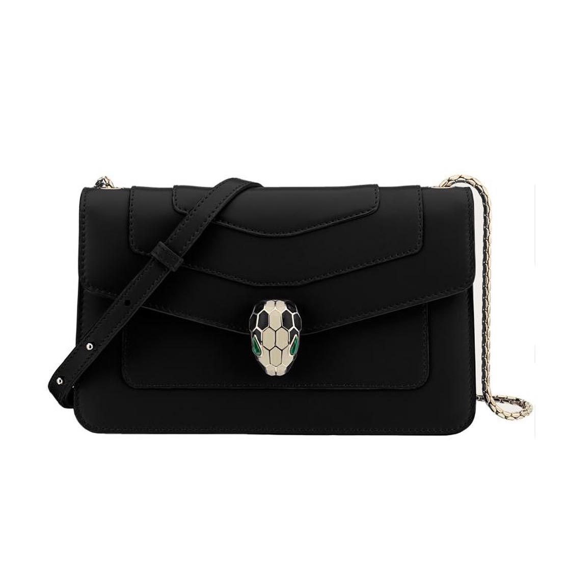 Front view of Bvlgari Serpenti Forever Small Flap Cover Chain Bag Calfskin-Black