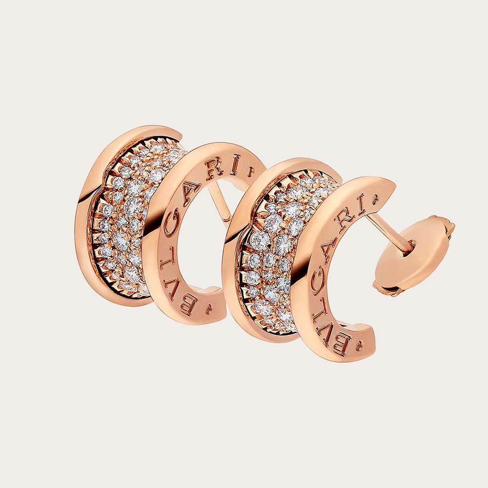 Front view of Bvlgari Women B.zero1 Earrings 18 KT Rose Gold Set Pave Diamonds-Gold