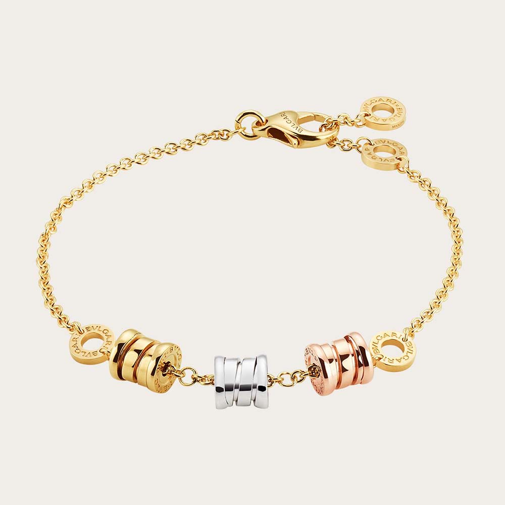 Close-up of Bvlgari Women B.zero1 Soft Bracelet spiral design in gold