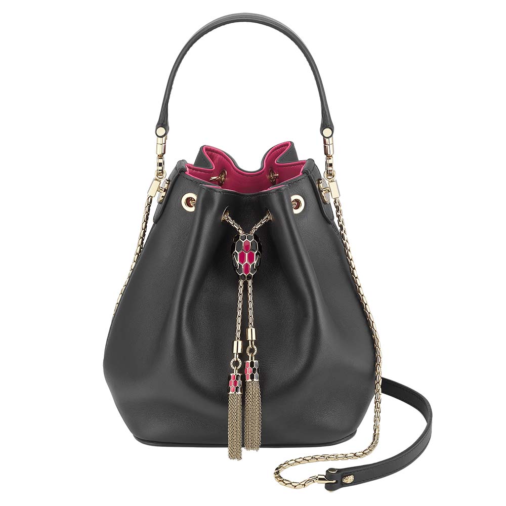 Front view of Bvlgari Women Bucket Serpenti Forever in black leather