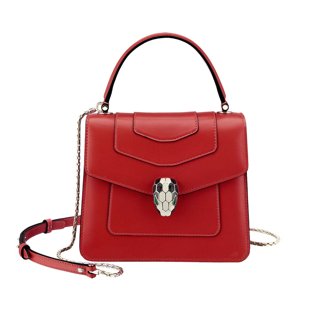Front view of Bvlgari Women Serpenti Forever Flap Cover Bag-Red highlighting clasp
