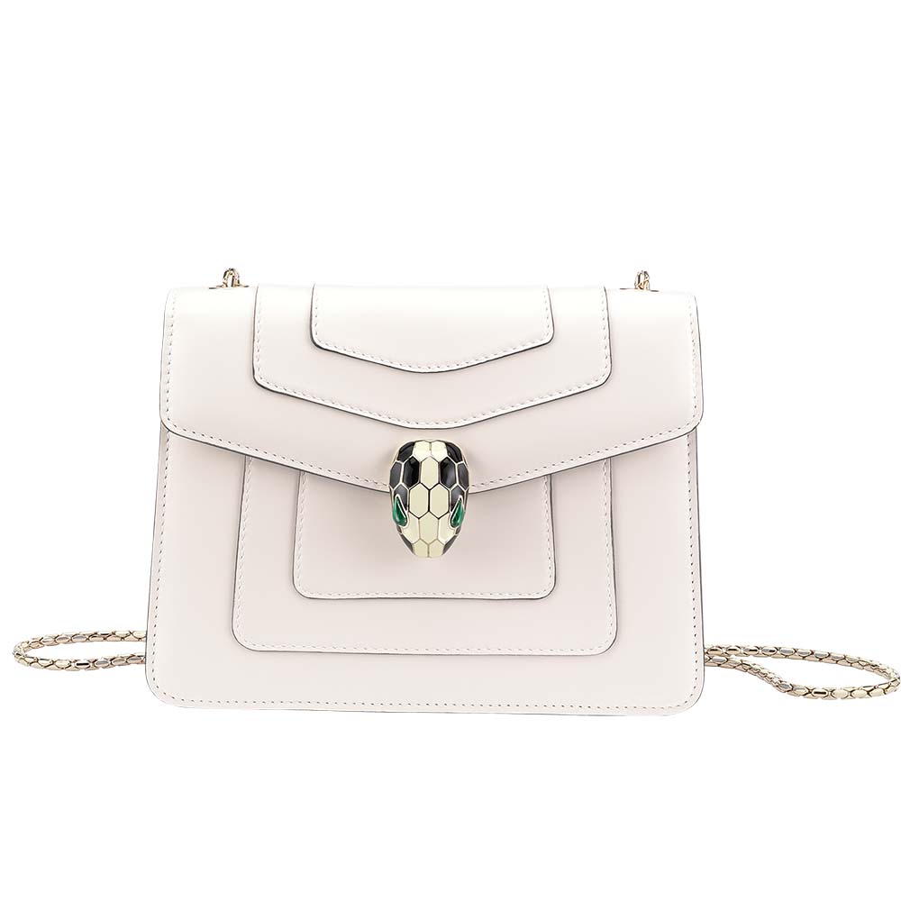 Front view of Bvlgari Women Flap Cover Bag Serpenti Forever in white calf