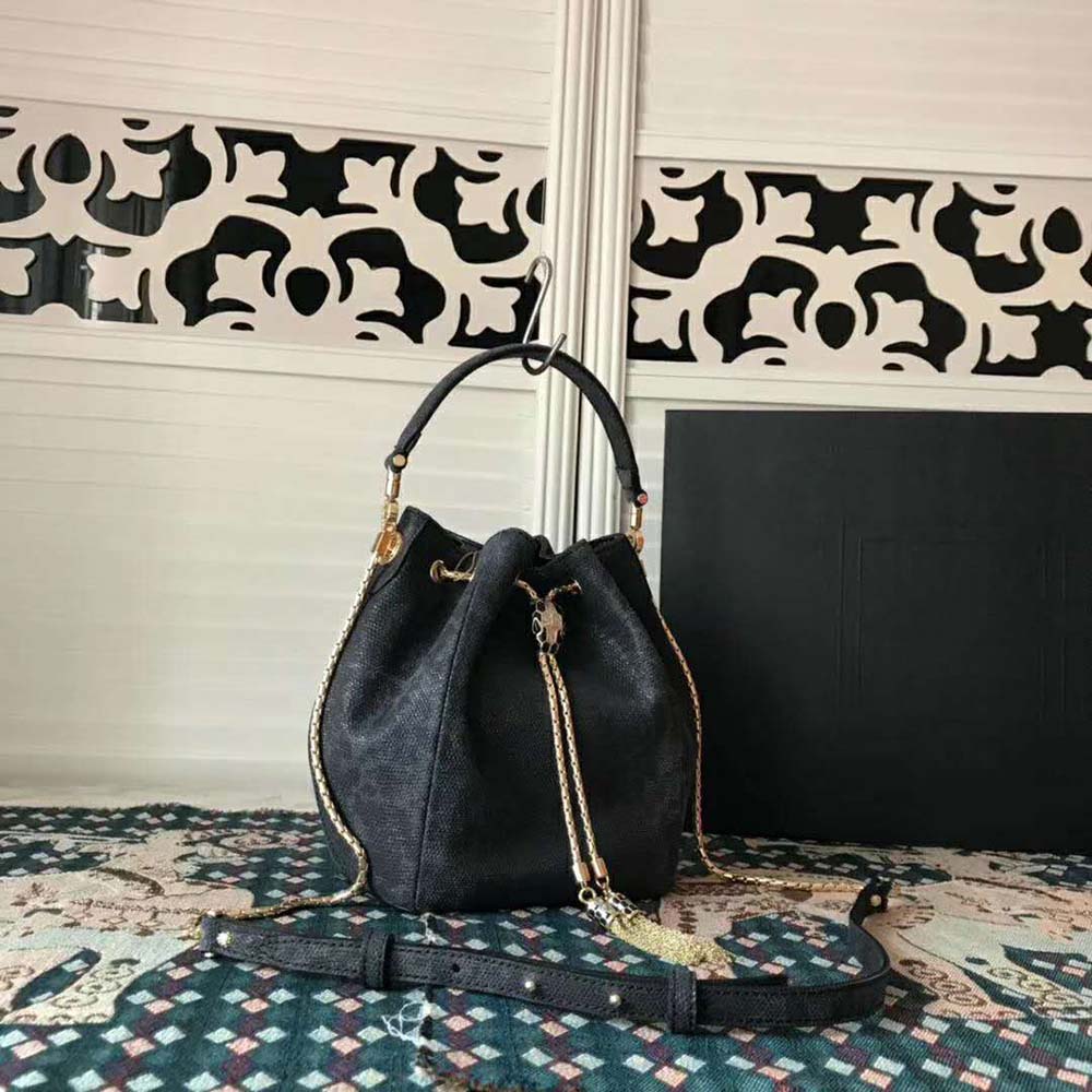 Side angle showing silhouette of Bvlgari Women Serpenti Forever Bucket-Black handbag