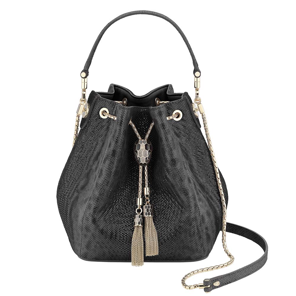 Front view of Bvlgari Women Serpenti Forever Bucket-Black with snakehead clasp