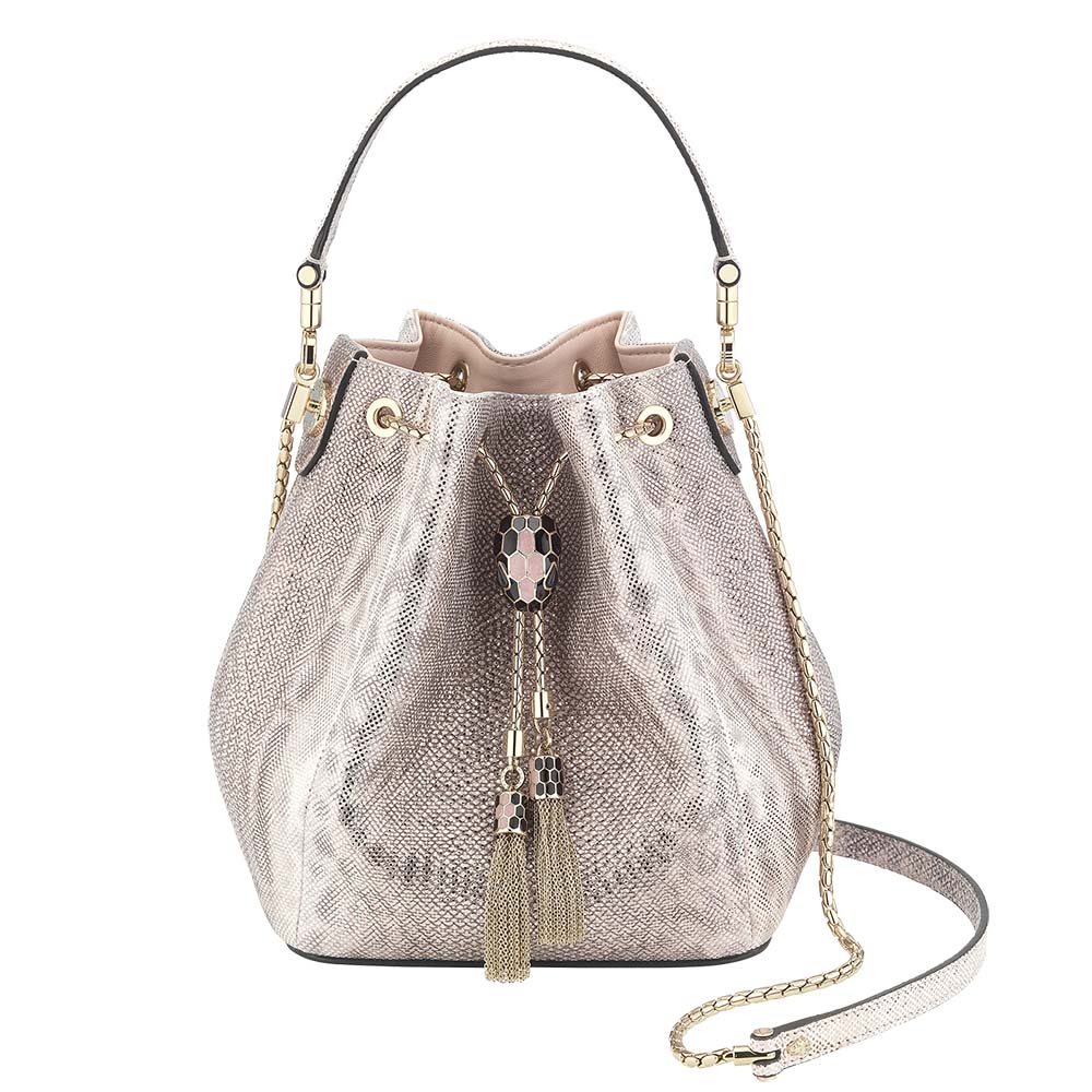 Front view of Bvlgari Women Serpenti Forever Bucket-Silver with snakehead closure