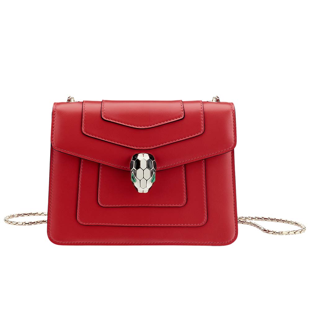 Front view of Bvlgari Women Serpenti Forever Flap Cover-Red with serpent clasp