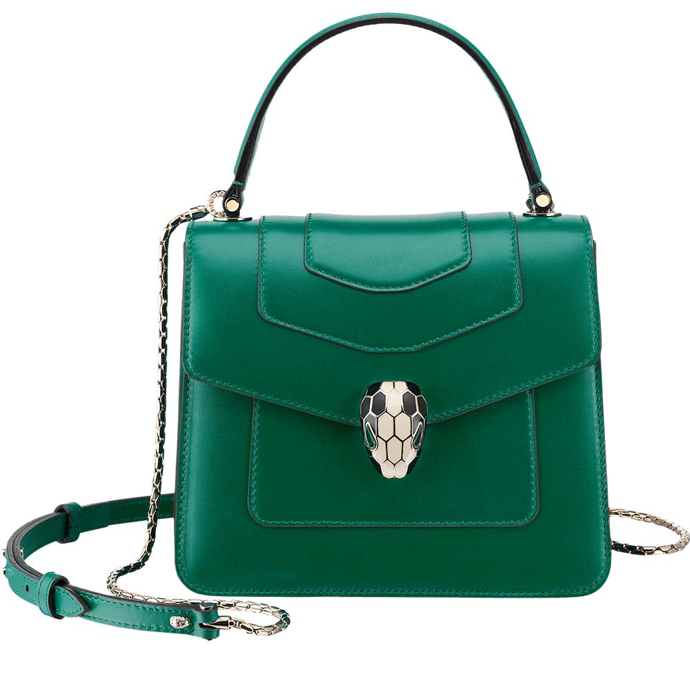 Front angle of Bvlgari Women Serpenti Forever Flap Cover in emerald green leather