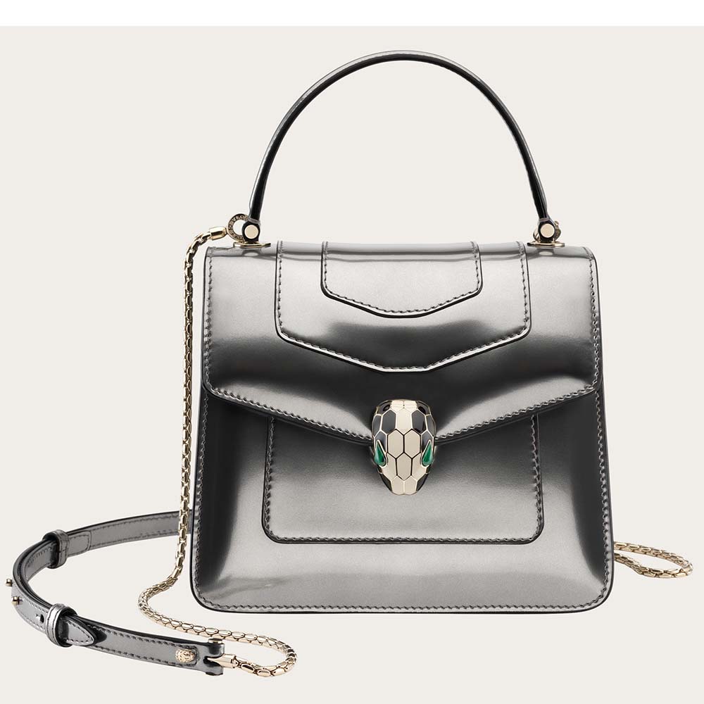Front angle view of Bvlgari Women Serpenti Forever Medium Flap Cover Bag in Silver