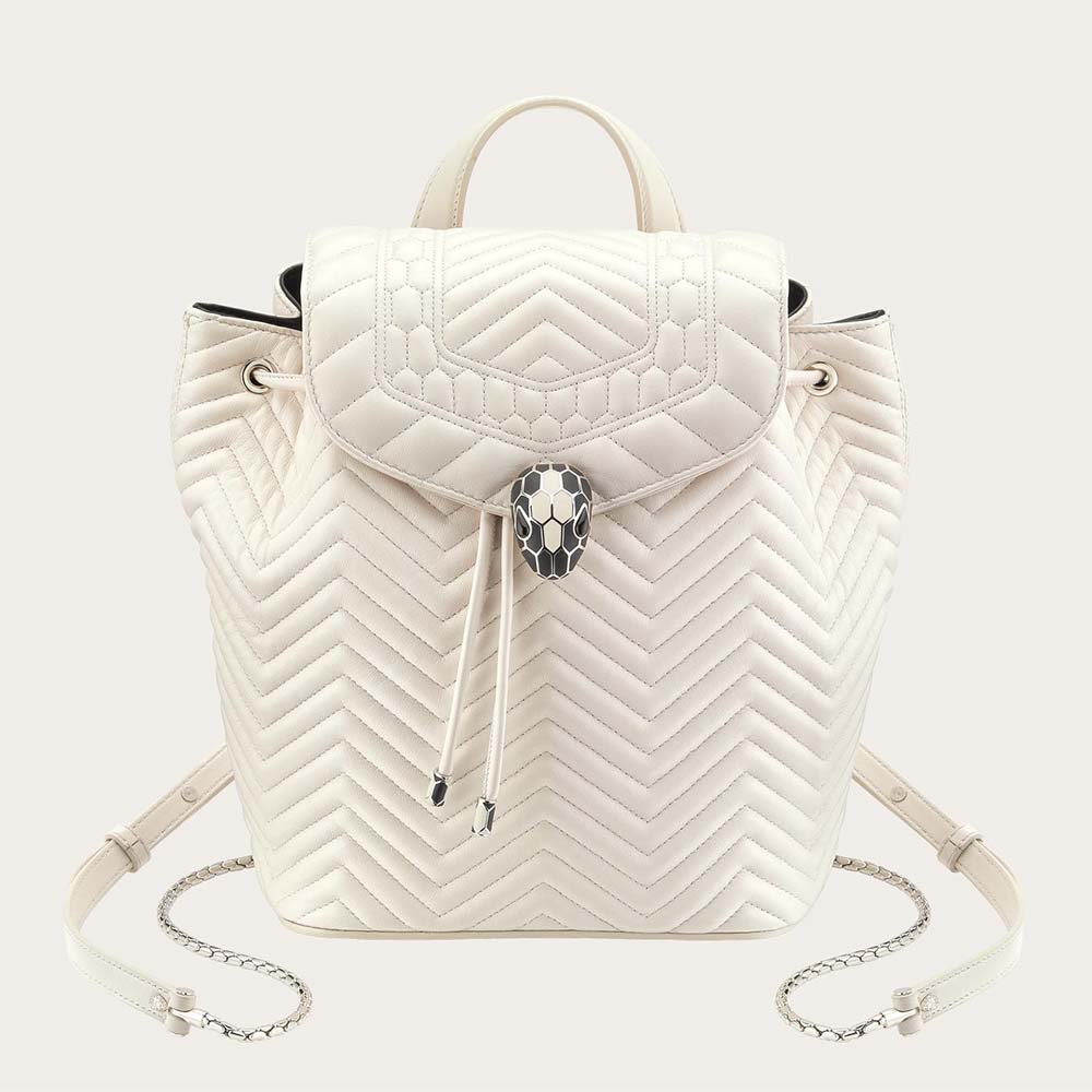 Front view of Bvlgari Women Serpenti Hypnotic Medium Backpack in white quilted leather