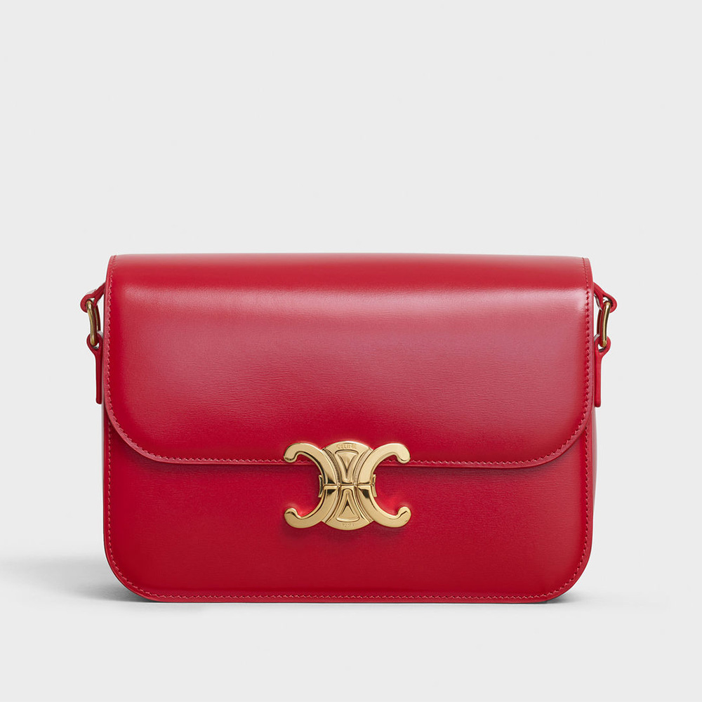 Front view of Celine Lady Medium Triomphe Bag in shiny red calfskin