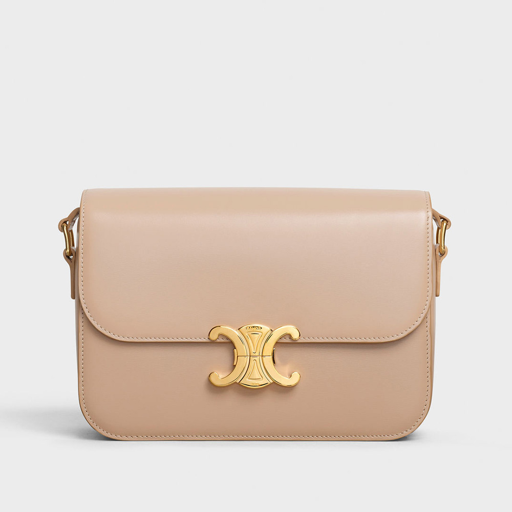 Front view of Celine Lady Medium Triomphe Bag in Shiny Calfskin-Sandy