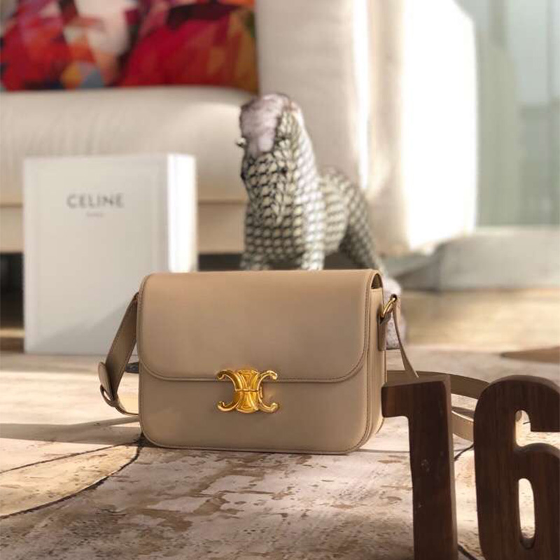 Close-up of gold Triomphe clasp on Celine Lady Medium Triomphe Bag