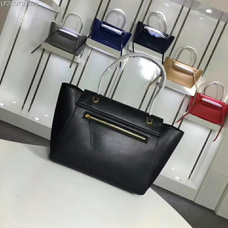 Close-up of gold-tone hardware on Celine Small Belt Bag in black leather