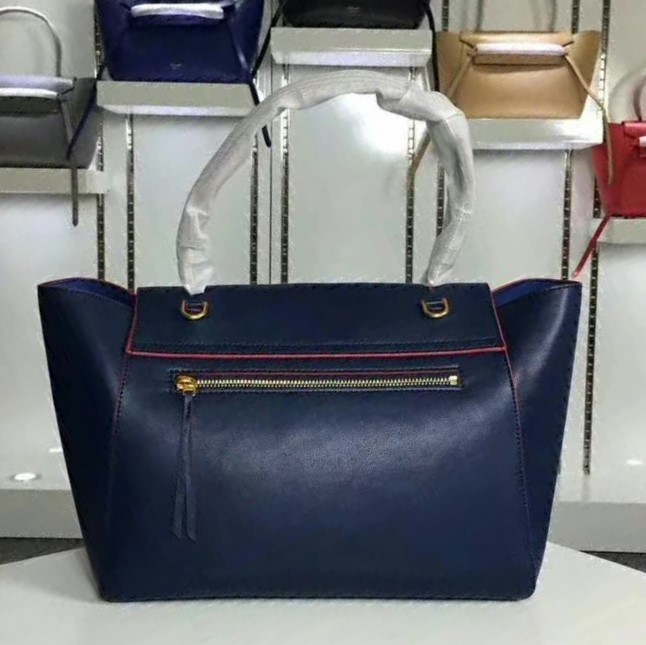 Side angle showing adjustable strap of Celine Small Belt Bag in navy