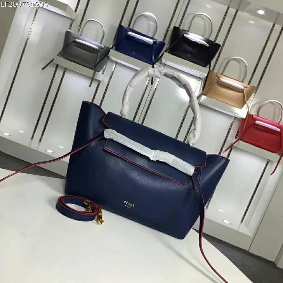 Close-up of gold-tone hardware on Celine Small Belt Bag navy blue leather