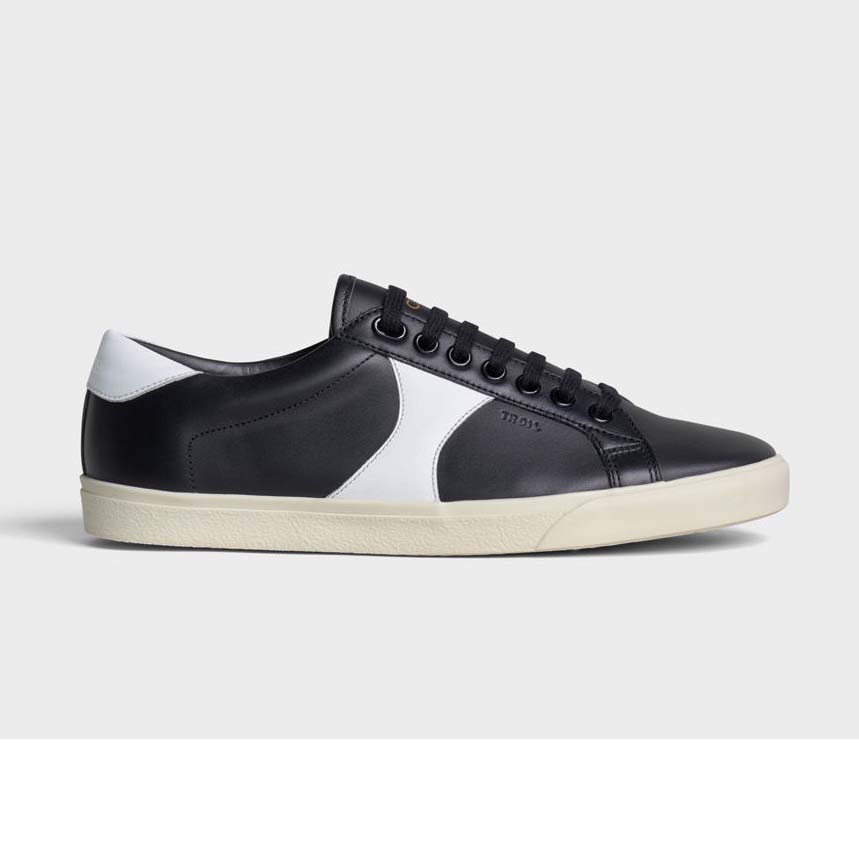 Side view of Celine Women Celine Triomphe Low Lace Up Sneaker Calfskin-Black