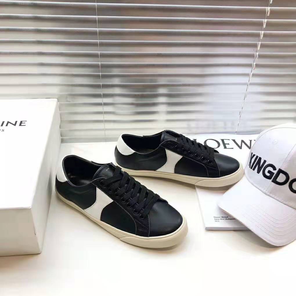 Close-up of black calfskin and Triomphe hardware on Celine sneaker