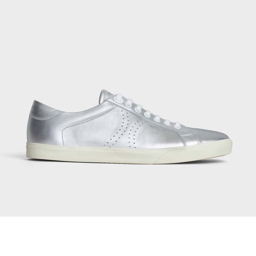 Side profile of Celine Women Celine Triomphe Low Lace Up Sneaker Calfskin-Silver