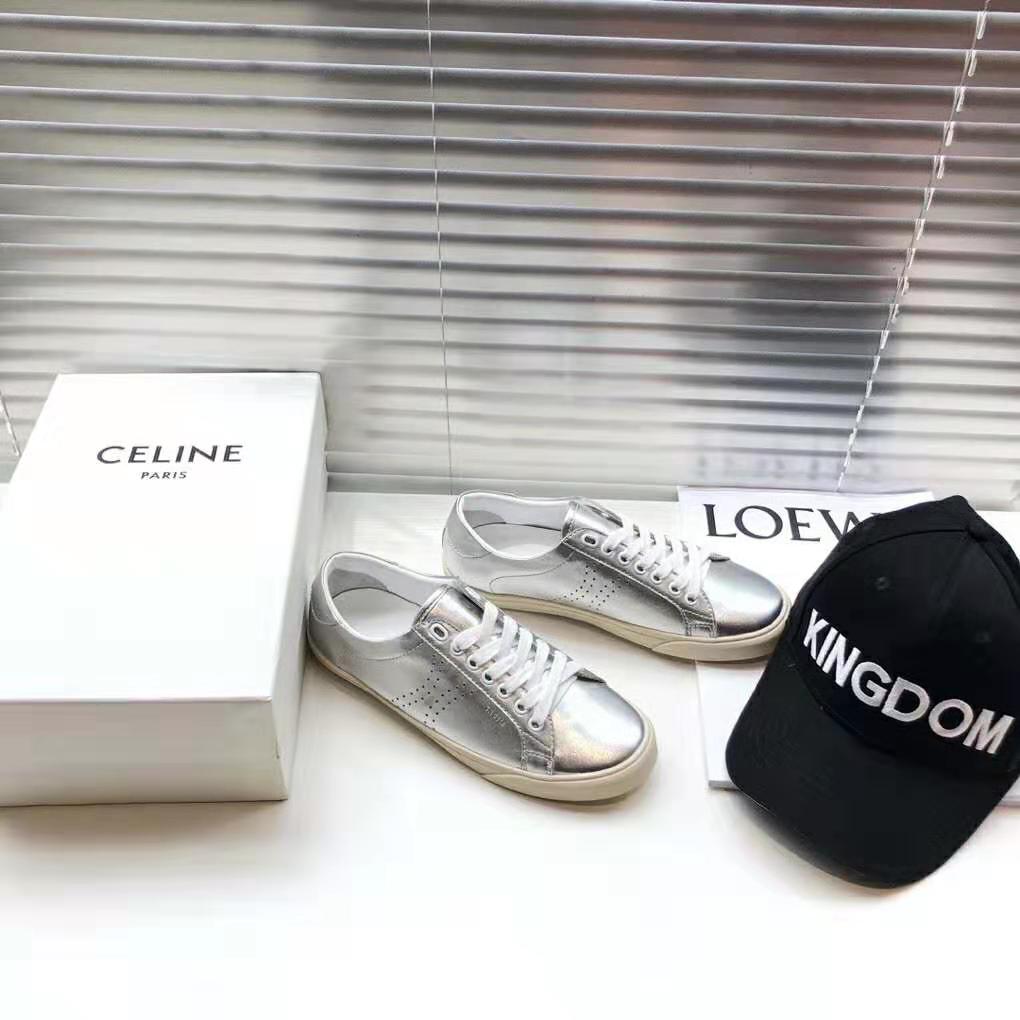 Close-up of silver calfskin leather and lace details on Celine Triomphe sneaker