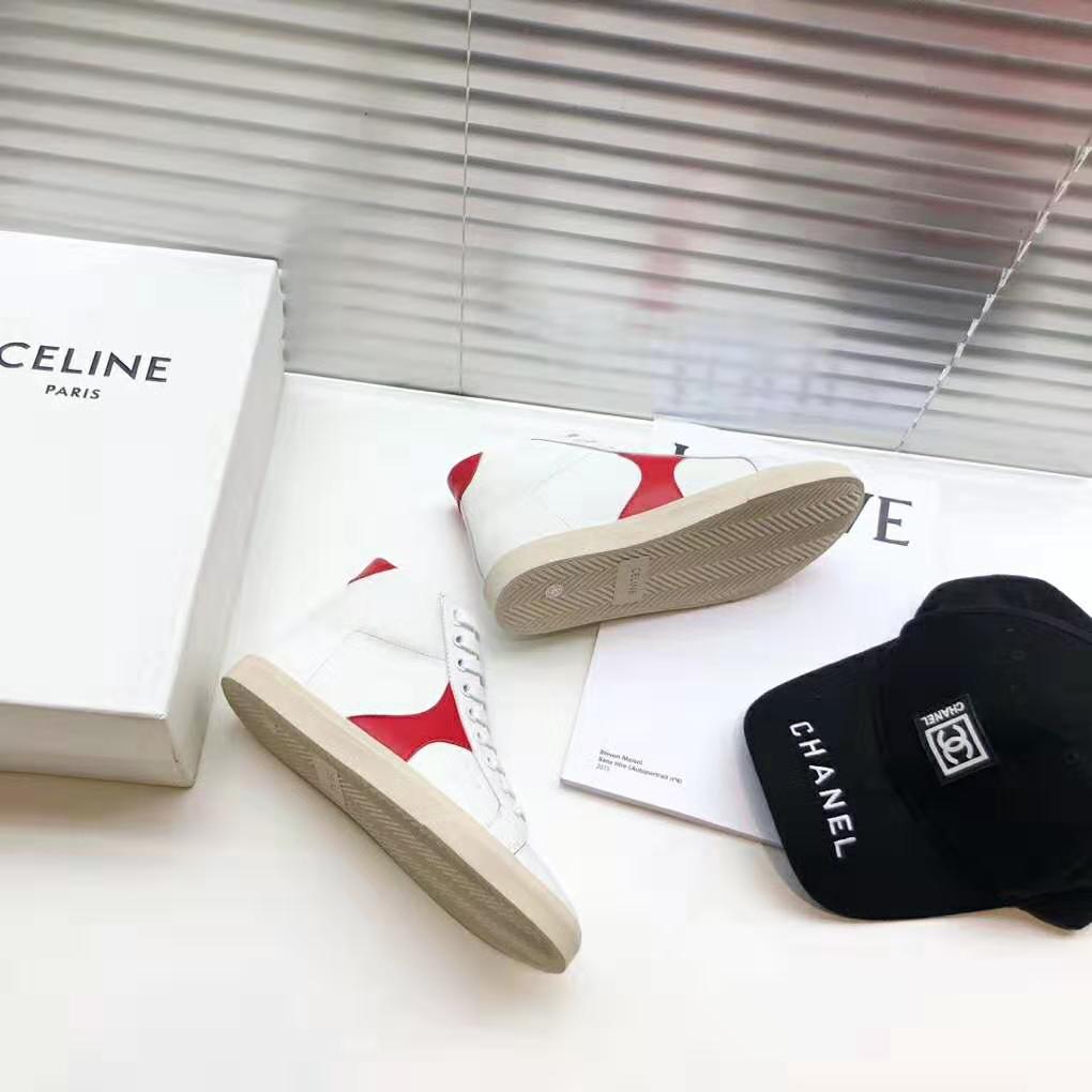 Close-up of red calfskin leather and Triomphe logo on Celine sneakers