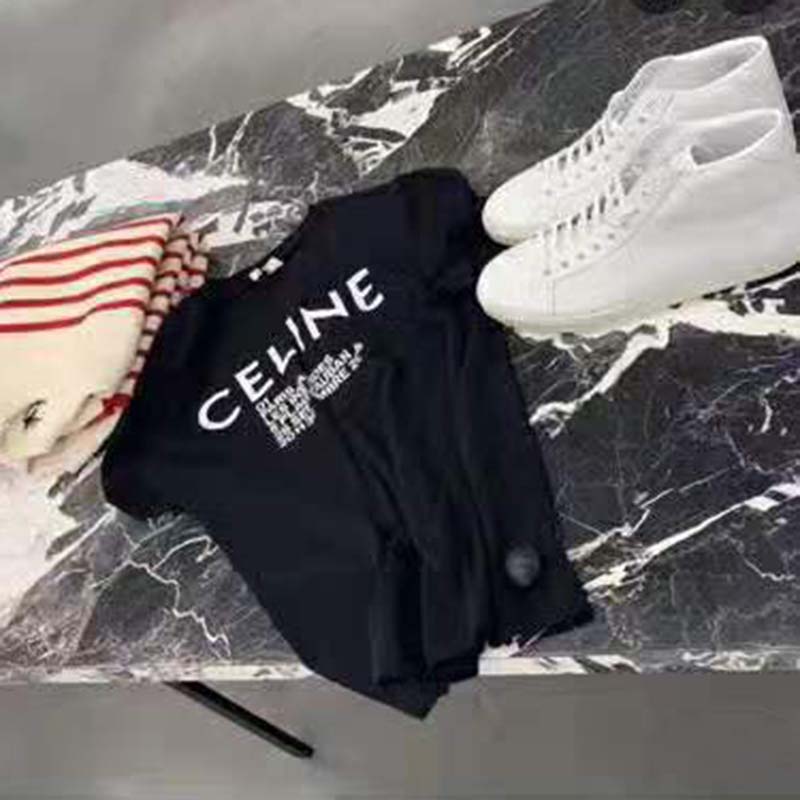 Side angle showing fit of Celine Women Crew Neck Classic T-Shirt