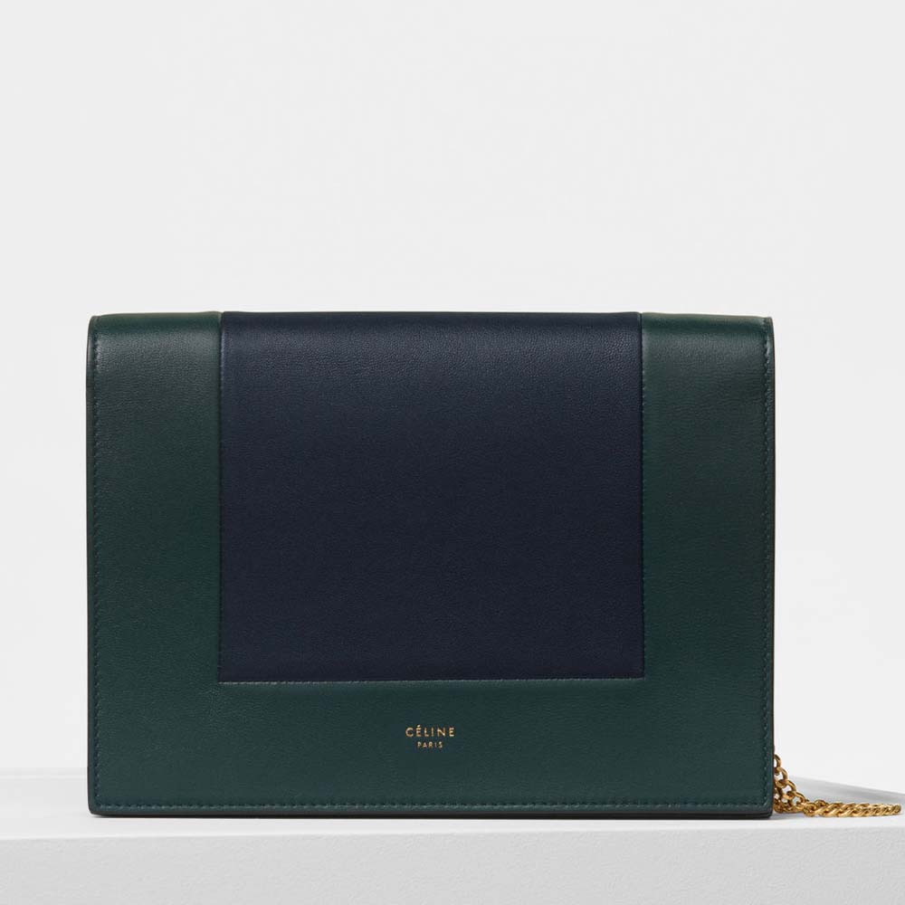 Front view of Celine Women Frame Evening Clutch on Chain in green lambskin
